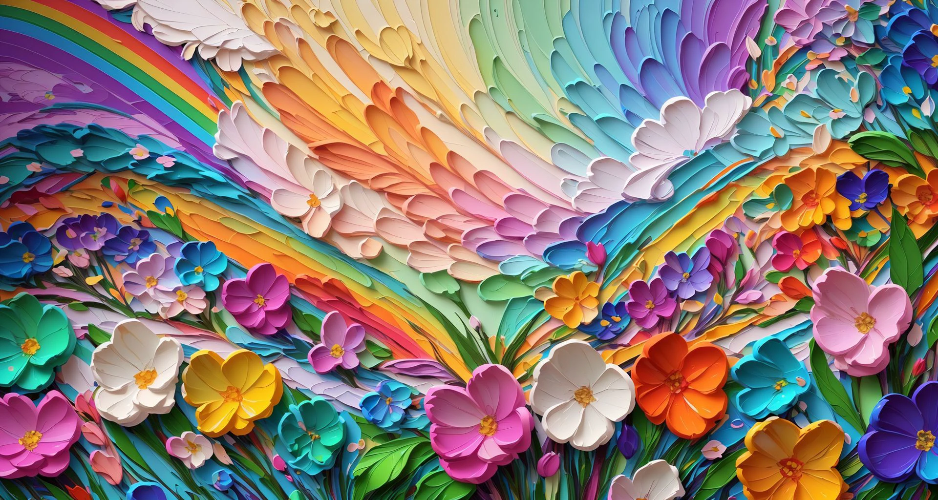 masterpiece, wallpaper, background, highly detailed, birds, flowers, (rainbow:0.8) <lora:impasto:0.9>