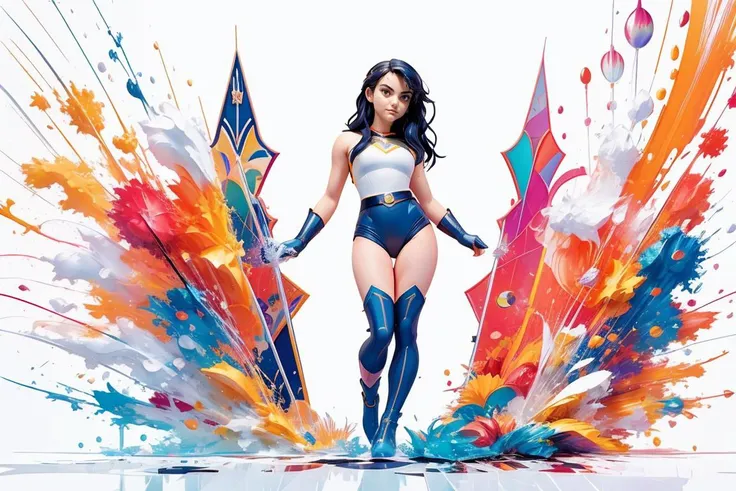 photo of beautiful (((cm3nd3s))), a woman, (((dramatic))), (((intense))) ((closeup:1.2)), (((sexy superhero outfit))), (geometry), geometry figures, framing, (((beautiful detailed colorful splash art:1.4))), (art by Carne Griffiths:1.2), (art by Anato Finnstark:1.2), (magazine cover:1.3), fashionable, vibrant, dynamic, statement, striking, modern, trendy, ((focus)), fashion,<lora:GachaSplash4:1> (white background:1.5) [(white background:1.5),::5] <lora:blindbox_v1_mix:1> <lora:impasto:0.5>, (looking at the camera:1.2)