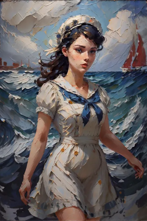 <lora:thickimpasto:1.0>, thick impasto painting of woman wearing vintage sailor dress, <clip:skip:2>, masterpiece, 8k, high resolution, shallow depth of field, sharp focus