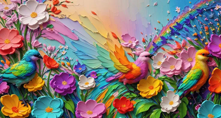 masterpiece, wallpaper, background, highly detailed, birds, flowers, (rainbow:0.8) <lora:impasto:0.9>