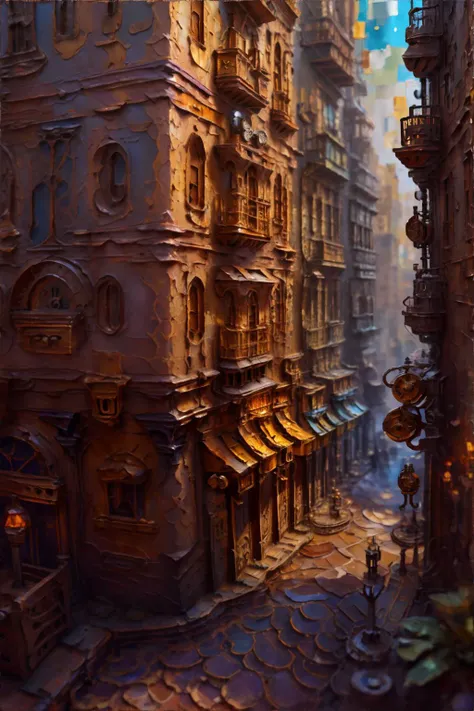 <lora:thickimpasto:1.0>, thick impasto painting of steampunk city, <clip:skip:2>, masterpiece, 8k, high resolution, shallow depth of field, sharp focus