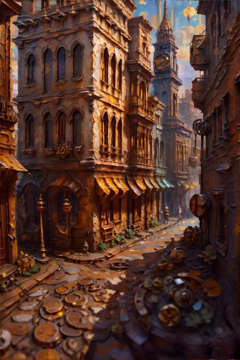 <lora:thickimpasto:1.0>, thick impasto painting of steampunk city, <clip:skip:2>, masterpiece, 8k, high resolution, shallow depth of field, sharp focus