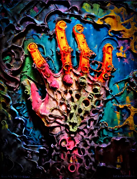 a person in white gloves holding a glass with blood on it, lightblue acrylic paintdrip tar, Scary little alien creature,acrylic liquid colors, blacklight reacting, mixed liquid acrylic, toxic drips, dye - transfer, dye-transfer, liquid painting, drip painting, acryclics, rna bioweapon, red and cyan ink, wet - on - wet technique,Biological experiment on strange creatures. Resident Evil virus.