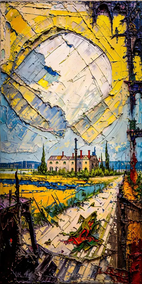 The silhouette of a forgotten castle looms in the foggy distance, <lora:impasto:1> thick impasto painting, impasto painting, Haze, , (Lucian Freud,Zdzislaw Beksinki:1.25), Broken mirrors,Cracked egg,Chains, Shadowy,Distorted,Deathly, (Simultaneous contrast:1.1), (Isolation:1.1), (Alla prima:1.1), (Candlelight:1.2), Sand, Trapezoid, ultra detailed, intricate, oil on canvas, dry brush, (surrealism:1.1), (disturbing:1.1)