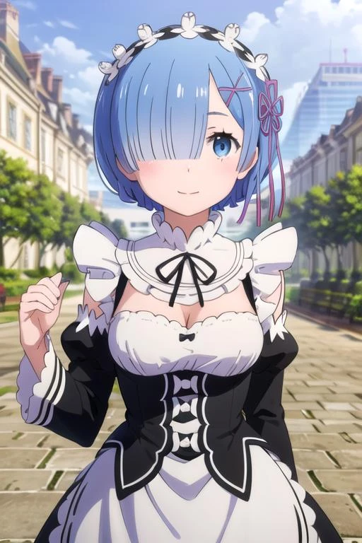 (((pixel-perfect, detail-perfect))), solo, 1girl, <lora:rem-rezero-01:0.8>, rem, roswaal mansion maid uniform, maid headdress, looking at viewer, smile