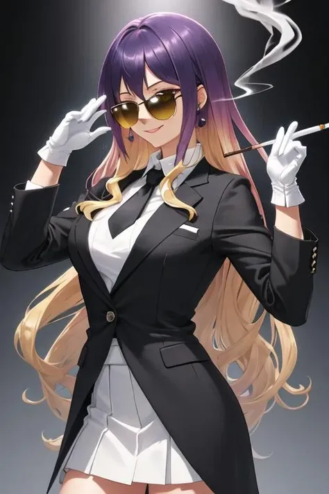 best quality, masterpiece, highres, solo, {black business suit:1.40}, {tie:1.20}, {sunglasses:1.25}, {white gloves:1.15}, {white shirt:1.10}, {black skirt:1.15}, {smoking:1.20}, handsome, {hijiri_byakuren_touhou:1.15}, multicolored_hair, gradient_hair, long_hair, purple_hair, blonde_hair, yellow_eyes, smile, brown_hair, breasts