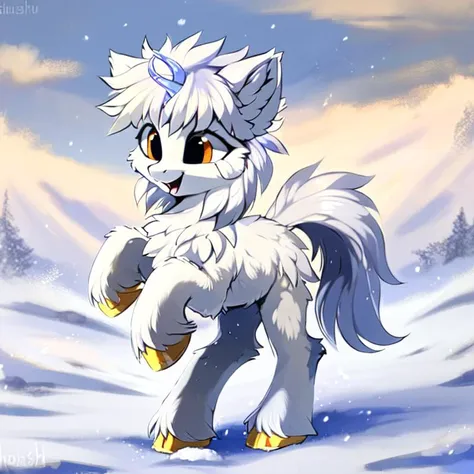 safe, solo, asla, pony, mare, poraina, unshorn fetlocks, tundra, snow, clouds, cute, fluffy, artist:hioshiru, xbi