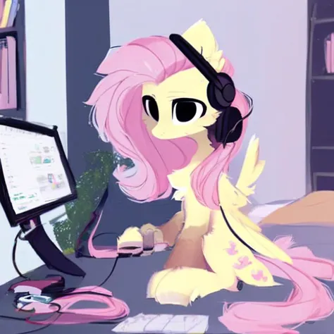 safe, solo, fluttershy, pony, sitting, gaming pc, bedroom, headphones, artist:little-sketches