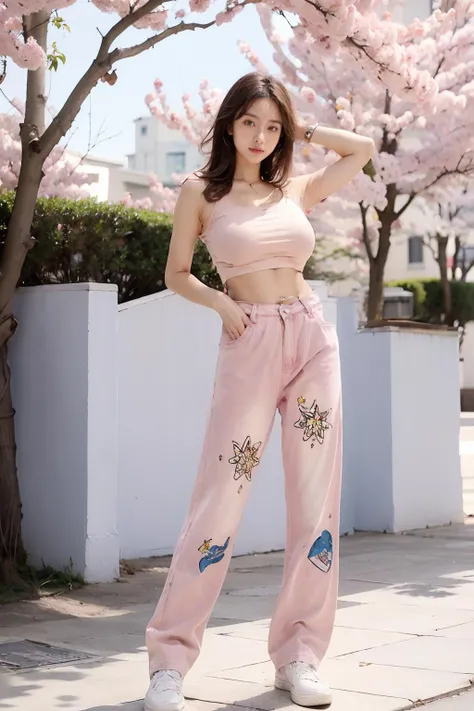 masterpiece,best quality,absurdres,highres,4k,ray tracing,perfect face,perfect eyes,intricate details,highly detailed,
1girl,(gigantic breasts:1.2),moyou,looking at viewer,sexy pose,full body,outdoors,
cherry blossoms,<lora:cococola_20231114120534-000019:0.9>,cococola,(pink jeans:1.2),sneakers,bra,