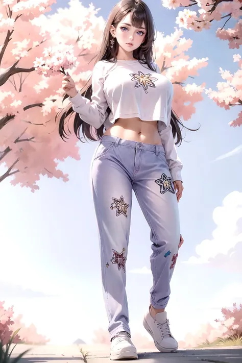 masterpiece,best quality,absurdres,highres,4k,ray tracing,perfect face,perfect eyes,intricate details,highly detailed,
1girl,(gigantic breasts:1.2),moyou,looking at viewer,sexy pose,full body,outdoors,
cherry blossoms,
<lora:Pattern print jeans:0.9>,cococola,(purple jeans:1.2),sneakers,midriff,