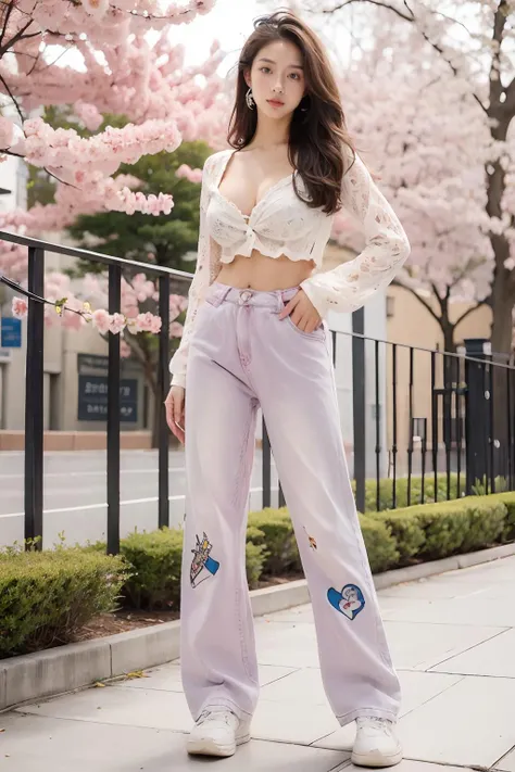 masterpiece,best quality,absurdres,highres,4k,ray tracing,perfect face,perfect eyes,intricate details,highly detailed,
1girl,(gigantic breasts:1.2),moyou,looking at viewer,sexy pose,full body,outdoors,
cherry blossoms,<lora:cococola_20231114120534-000019:0.9>,cococola,(pink jeans:1.2),sneakers,bra,
