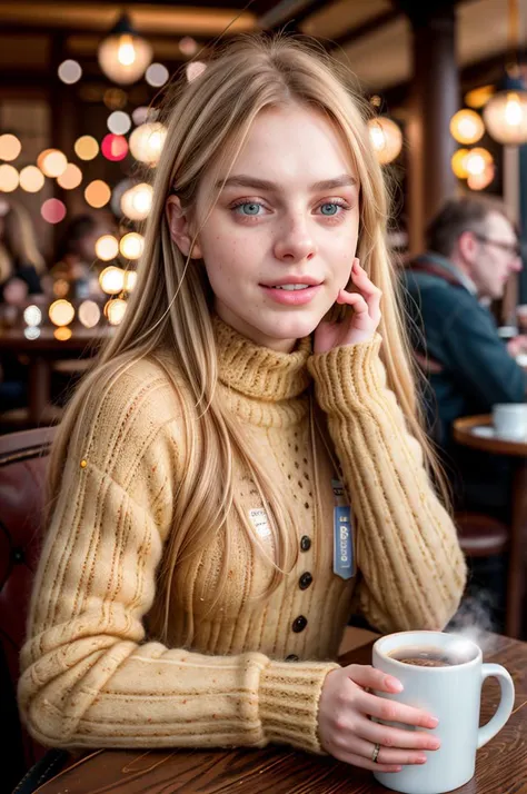 tv_Astrid_MXAI, , , wearing a cozy knitted sweater, sitting in a café, holding a steaming mug with both hands, happy expression,, 8k resolution, highres, high detail, sharp focus, detailed skin, 8k uhd, bokeh, analog photography