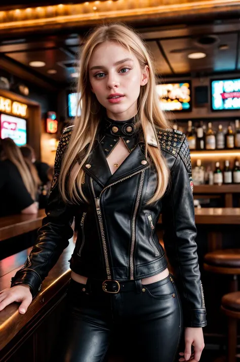 tv_Astrid_MXAI, ,  , hard expression, wearing biker boots, wearing detailed leather pants, wearing a band t-shirt, wearing a leather jacket, standing at the bar in a biker bar, shot from the side,, 8k resolution, highres, high detail, sharp focus, detailed skin,  8k uhd, bokeh, analog photography