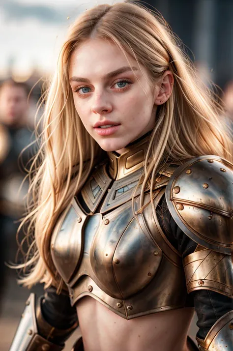 tv_Astrid_MXAI, , , wearing full plate armor, in a battlefield, windblown hair, smudges, dirt, windblown hair,, 8k resolution, highres, high detail, sharp focus, detailed skin, 8k uhd, bokeh, analog photography
