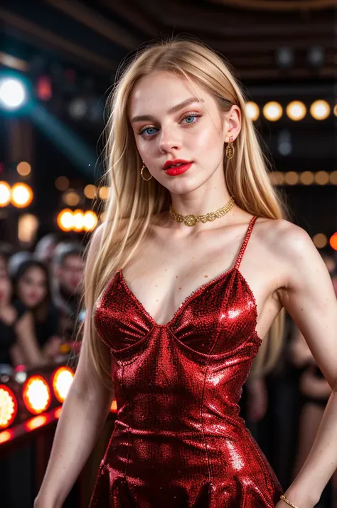 tv_Astrid_MXAI, , , joyful expression, wearing an elegant party-dress, red lips, dramatic makeup, dancing in a crowded nightclub, god rays, spotlight, "in-the-middle-of-a-dancing-crowd", ((full body shot)),, 8k resolution, highres, high detail, sharp focus, detailed skin, 8k uhd, bokeh, analog photography