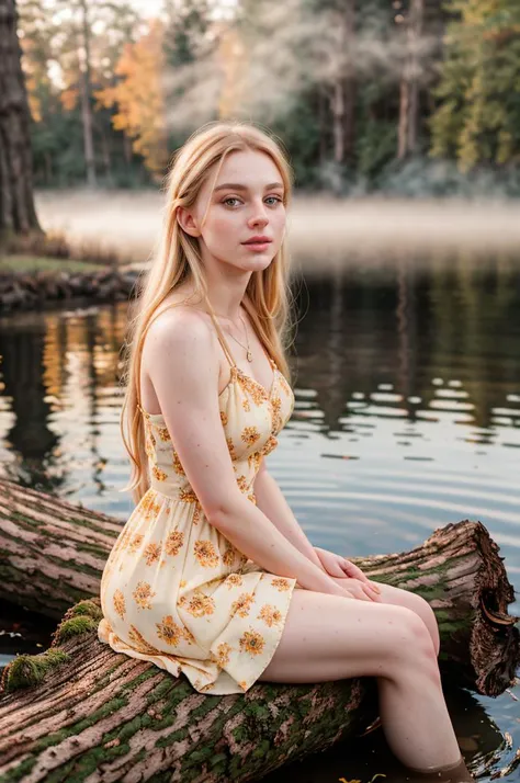 tv_Astrid_MXAI, , , calm expression, wearing a colorful sundress, sitting on a log at a misty forest pond, golden hour, shot from the side,, 8k resolution, highres, high detail, sharp focus, detailed skin, 8k uhd, bokeh, analog photography
