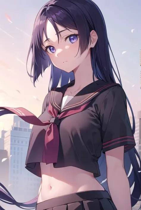 fgoraikou, <lora:raikoutest:1>, raikou, long hair, parted bangs, (purple eyes:1.1), purple hair,
BREAK black sailor collar, black serafuku, black shirt, black skirt, crop top, crop top overhang, long skirt, navel, neckerchief, rope, sailor collar, school uniform, serafuku, shirt, short sleeves, skirt, thighs, underboob,
BREAK outdoors, city,
BREAK looking at viewer,
BREAK <lora:GoodHands-vanilla:1>, (masterpiece:1.2), best quality, high resolution, unity 8k wallpaper, (illustration:0.8), (beautiful detailed eyes:1.6), extremely detailed face, perfect lighting, extremely detailed CG, (perfect hands, perfect anatomy),