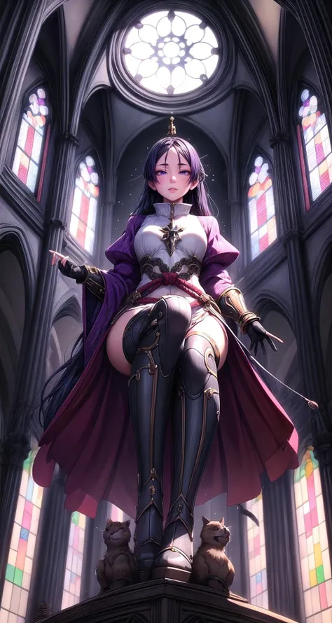 (masterpiece,intricate details),1girl,mature female,earnest _face, BREAK fgoraikou, <lora:raikoutest:1>, raikou, long hair, parted bangs, (purple eyes:1.1), purple hair, BREAK arm guards, armor, black gloves, bodysuit, fingerless gloves, gloves, japanese armor, kote, loincloth, purple bodysuit, ribbed sleeves, rope, tabard, toned| ((sit on the The intricate architecture of a historic cathedral commands attention, with towering spires reaching towards the heavens, while delicate stained glass windows illuminate the sacred interior.)),((cumulonimbus)),((full body)),from below:1.3,depth of field,looking at viewer,<lora:coolpix:1>