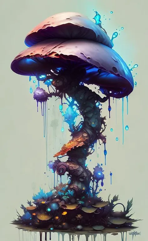 inkpunk. a drippy inkcap mushroom. Highly detailed. Low angle shot, subsurface scattering,, art by smoose2