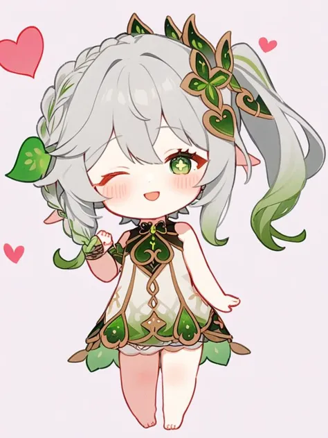 <lora:çº³è¥¿å¦²:1>ï¼nahida_\(genshin_impact\), green_eyes, one_eye_closed, heart, hair_ornament, 1girl, smile, symbol-shaped_pupils, green_hair, side_ponytail, blush, bangs, chibi, pointy_ears, multicolored_hair, leaf_hair_ornament, grey_hair, solo, hair_between_eyes, white_hair, long_hair, white_dress, ;\), closed_mouth, braid, cross-shaped_pupils, looking_at_viewer