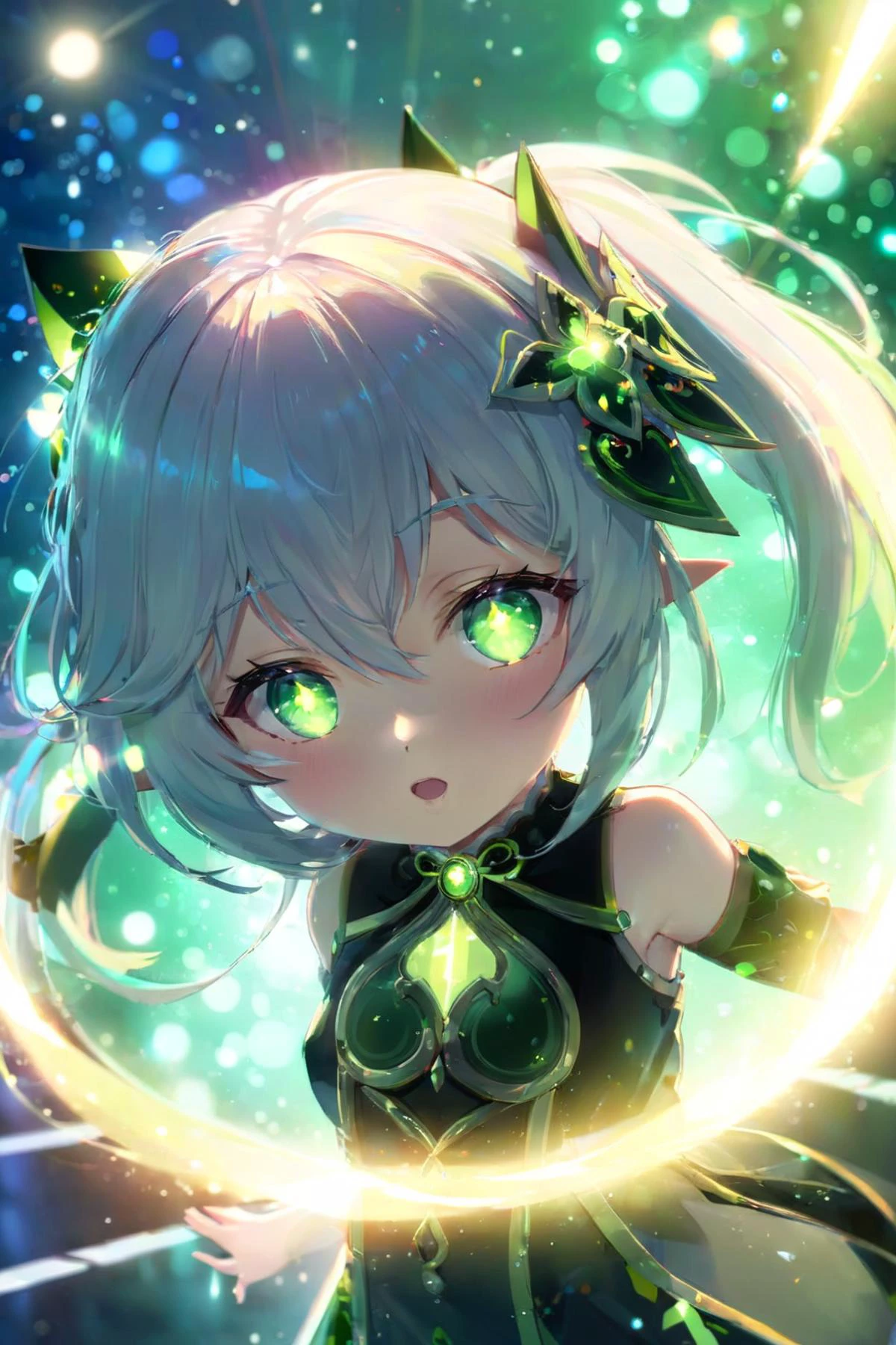<lora:Nahida_xl:0.8> (\na xi tan\), Aesthetics, Art Production plus Science Physics Anatomy, anime, girl, solo, <lora:sdxl_photorealistic_slider_v1:-0.5> <lora:anime_sdxl_v2:0.6> <lora:shadow-XL:0.2>, Illusion, Dangerous Angle, Wide Angle , Dangerous Vision , Shocking <lora:FaeTastic:0.15> glowing lights, light particles, bokeh, <lora:xl_more_art-full-beta2:0.1>