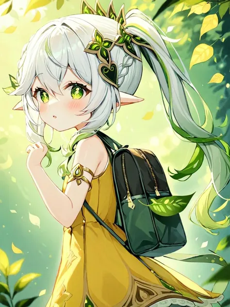 ultra-detailed,(best quality),((masterpiece)),(highres),original,extremely,<lora:naxida2_xl:1>,naxida, crime prevention buzzer, 1girl, nahida (genshin impact), solo, bag, randoseru, backpack, green eyes, dress, multicolored hair, looking at viewer, sleeveless dress, hair ornament, bangs, symbol-shaped pupils, sleeveless, blush, braid, green hair, side ponytail, white hair, long hair, blurry, gradient hair, cross-shaped pupils, looking back, depth of field, parted lips, blurry background, :o, yellow dress, hair between eyes, female child, bag charm, bare shoulders, bare arms, charm (object), looking to the side, leaf hair ornament, pointy ears, hands up