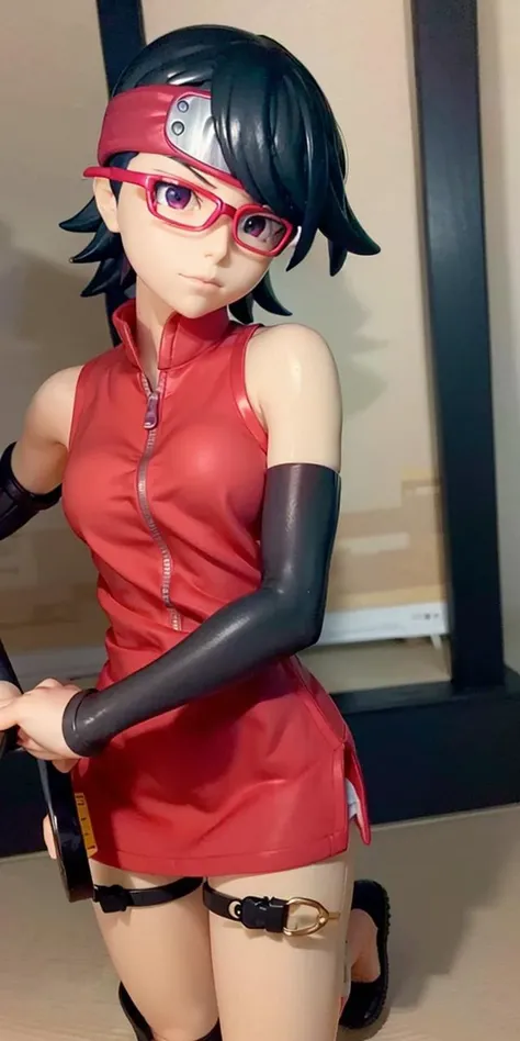 (masutepiece, Best Quality, Capture super cute moments, depth of fields, ultra-detailliert, Ultra High Resolution, C4D, Octadale, 3D Modeling, 8K, 16 K, one girls、a junior high school student、A dark-haired、short-hair、straight haired、Light brown eyes,hair adornments、wearing black glasses、A smile)、uchiha sarada