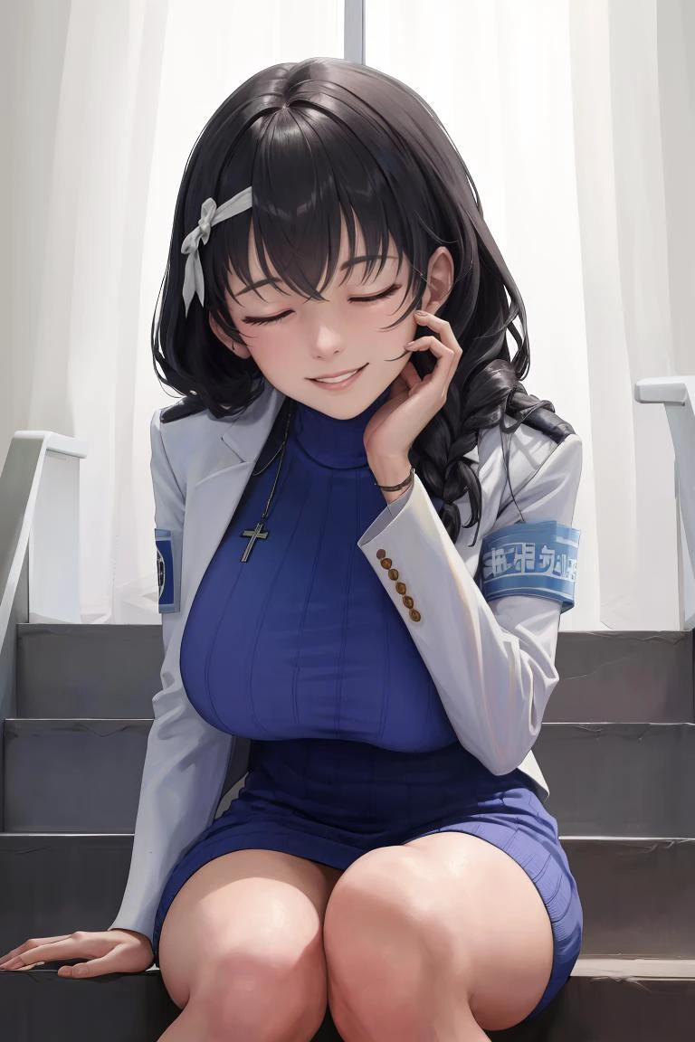 (masterpiece, best quality, absurdres), <lora:mary-nikke-richy-v1:1>, mary, blue sweater, white jacket, cropped jacket, long sleeves, open clothes, ribbed sweater, armband,
1girl, solo, smile, sitting, stairs, sitting on stairs, closed eyes, leaning forward, mature female, motherly, aged up, thick thighs, thighs, hands on lap,