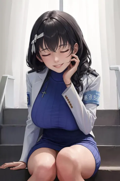 (masterpiece, best quality, absurdres), <lora:mary-nikke-richy-v1:1>, mary, blue sweater, white jacket, cropped jacket, long sleeves, open clothes, ribbed sweater, armband,
1girl, solo, smile, sitting, stairs, sitting on stairs, closed eyes, leaning forward, mature female, motherly, aged up, thick thighs, thighs, hands on lap,
