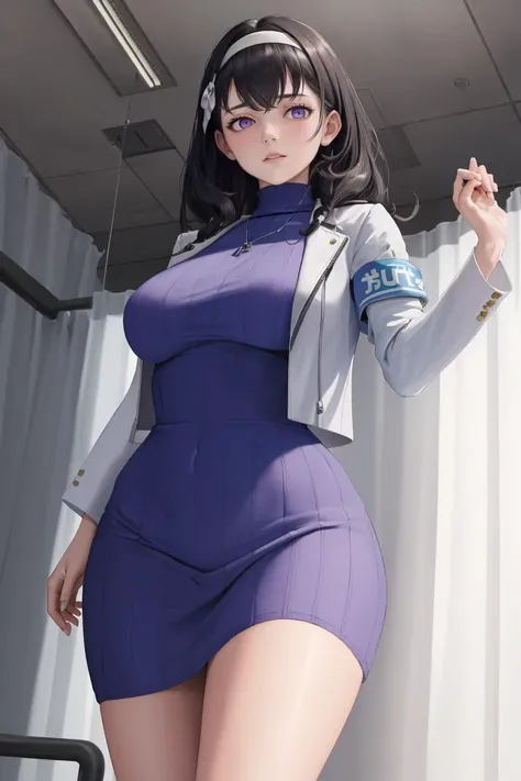 (masterpiece, best quality, absurdres), <lora:mary-nikke-richy-v1:0.8>, mary, 1girl, solo, standing, blue sweater, white jacket, cropped jacket, long sleeves, open clothes, ribbed sweater, armband, wide hips, from below, purple eyes, infirmary, <lora:infirmary_v0.1:0.8>, needle