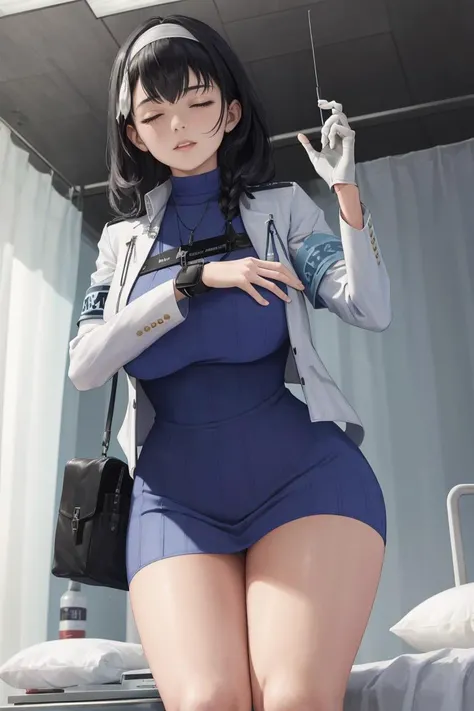 (masterpiece, best quality, absurdres), <lora:mary-nikke-richy-v1:1>, mary, blue sweater, white jacket, cropped jacket, long sleeves, open clothes, ribbed sweater, armband, wide hips, pouch
from below, 1girl, solo, standing,
infirmary, <lora:infirmary_v0.1:0.8>, needle, single glove, white gloves, doctor, id card