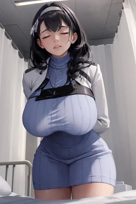 (masterpiece, best quality, absurdres), <lora:mary-nikke-richy-v1:1>, mary, blue sweater, white jacket, cropped jacket, long sleeves, open clothes, ribbed sweater, armband,
1girl, solo, standing, taut clothes, tight, arms behind back
infirmary, <lora:infirmary_v0.1:0.8>, doctor, huge breasts, <lora:boobpockets-chichibukuro:0.7>, chichibukuro