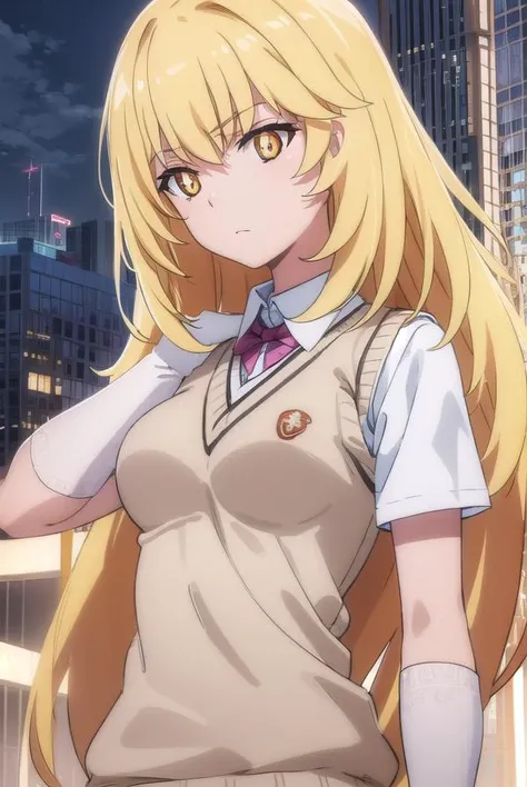 misakishokuhou, <lora:misaki shokuhou s3-lora-nochekaiser:1>, 
misaki shokuhou, blonde hair, hair between eyes, long hair, (symbol-shaped pupils:1.5), + +, (yellow eyes:1.5), (medium breasts:1.2),
BREAK elbow gloves, gloves, school uniform, short sleeves, summer uniform, sweater vest, tokiwadai school uniform, white gloves, (light brown sweater vest:1.2),
BREAK outdoor, city, sky, sun, clouds,
BREAK looking at viewer, (cowboy shot:1.5),
BREAK <lyco:GoodHands-beta2:1>, (masterpiece:1.2), best quality, high resolution, unity 8k wallpaper, (illustration:0.8), (beautiful detailed eyes:1.6), extremely detailed face, perfect lighting, extremely detailed CG, (perfect hands, perfect anatomy),