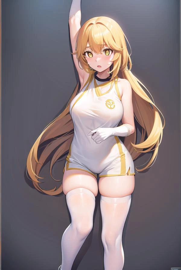 misakishokuhou, <lora:misakishokuhou-lora-nochekaiser:1>,
misaki shokuhou, blonde hair, hair between eyes, long hair, (symbol-shaped pupils:1.5), (yellow eyes:1.5), (medium breasts:1.2), <lora:yudedako_v100:1>, embarrassed, <lora:surprised_v100:1>, <lora:wavymouth_type3_v100:1>, open mouth,
BREAK bare shoulders, gloves, gym shirt, gym shorts, gym uniform, shirt, short shorts, shorts, sleeveless, sleeveless shirt, thighhighs, tokiwadai school gym uniform, white gloves, white shirt, white shorts, white thighhighs,
BREAK looking at viewer, full body, upper body,
BREAK outdoors, city,
BREAK <lora:GoodHands-vanilla:1>, (masterpiece:1.2), best quality, high resolution, unity 8k wallpaper, (illustration:0.8), (beautiful detailed eyes:1.6), extremely detailed face, perfect lighting, extremely detailed CG, (perfect hands, perfect anatomy),