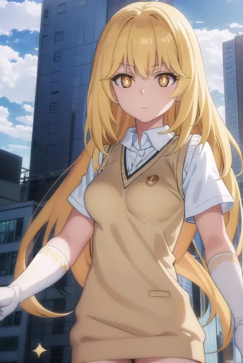 misakishokuhou, <lora:misaki shokuhou s3-lora-nochekaiser:1>,
misaki shokuhou, blonde hair, hair between eyes, long hair, (symbol-shaped pupils:1.5), + +, (yellow eyes:1.5), (medium breasts:1.2),
BREAK elbow gloves, gloves, school uniform, short sleeves, summer uniform, sweater vest, tokiwadai school uniform, white gloves, (light brown sweater vest:1.2),
BREAK outdoor, city, sky, sun, clouds,
BREAK looking at viewer, (cowboy shot:1.5),
BREAK <lyco:GoodHands-beta2:1>, (masterpiece:1.2), best quality, high resolution, unity 8k wallpaper, (illustration:0.8), (beautiful detailed eyes:1.6), extremely detailed face, perfect lighting, extremely detailed CG, (perfect hands, perfect anatomy),