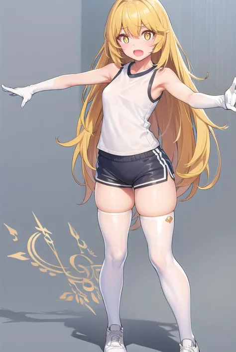 misakishokuhou, <lora:misakishokuhou-lora-nochekaiser:1>,
misaki shokuhou, blonde hair, hair between eyes, long hair, (symbol-shaped pupils:1.5), (yellow eyes:1.5), <lora:yudedako_v100:1>, embarrassed, <lora:surprised_v100:1>, <lora:wavymouth_type3_v100:1>, open mouth,
BREAK bare shoulders, gloves, gym shirt, gym shorts, gym uniform, shirt, short shorts, shorts, sleeveless, sleeveless shirt, thighhighs, tokiwadai school gym uniform, white gloves, white shirt, white shorts, white thighhighs,
BREAK looking at viewer, full body, upper body,
BREAK outdoors, city,
BREAK <lora:GoodHands-vanilla:1>, (masterpiece:1.2), best quality, high resolution, unity 8k wallpaper, (illustration:0.8), (beautiful detailed eyes:1.6), extremely detailed face, perfect lighting, extremely detailed CG, (perfect hands, perfect anatomy),