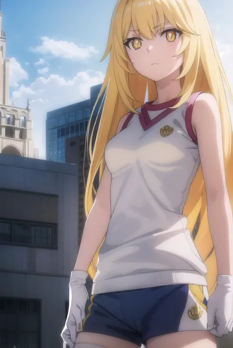 misakishokuhou, <lora:misaki shokuhou s3-lora-nochekaiser:1>, 
misaki shokuhou, blonde hair, hair between eyes, long hair, (symbol-shaped pupils:1.5), (yellow eyes:1.5), (medium breasts:1.2),
BREAK bare shoulders, gloves, gym shirt, gym shorts, gym uniform, shirt, short shorts, shorts, sleeveless, sleeveless shirt, thighhighs, tokiwadai school gym uniform, white gloves, white shirt, white shorts, white thighhighs,
BREAK outdoor, city, sky, sun, clouds,
BREAK looking at viewer, (cowboy shot:1.5),
BREAK <lyco:GoodHands-beta2:1>, (masterpiece:1.2), best quality, high resolution, unity 8k wallpaper, (illustration:0.8), (beautiful detailed eyes:1.6), extremely detailed face, perfect lighting, extremely detailed CG, (perfect hands, perfect anatomy),