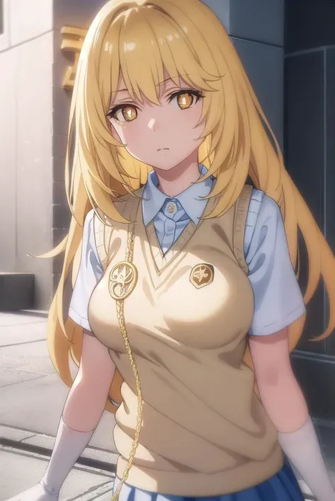 misakishokuhou, <lora:misaki shokuhou s3-lora-nochekaiser:1>, 
misaki shokuhou, blonde hair, hair between eyes, long hair, (symbol-shaped pupils:1.5), + +, (yellow eyes:1.5), (medium breasts:1.2),
BREAK elbow gloves, gloves, school uniform, short sleeves, summer uniform, sweater vest, tokiwadai school uniform, white gloves, (light brown sweater vest:1.2),
BREAK outdoor, city, sky, sun, clouds,
BREAK looking at viewer, (cowboy shot:1.5),
BREAK <lyco:GoodHands-beta2:1>, (masterpiece:1.2), best quality, high resolution, unity 8k wallpaper, (illustration:0.8), (beautiful detailed eyes:1.6), extremely detailed face, perfect lighting, extremely detailed CG, (perfect hands, perfect anatomy),