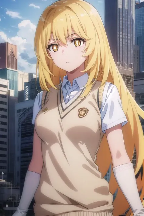 misakishokuhou, <lora:misaki shokuhou s3-lora-nochekaiser:1>,
misaki shokuhou, blonde hair, hair between eyes, long hair, (symbol-shaped pupils:1.5), + +, (yellow eyes:1.5), (medium breasts:1.2),
BREAK elbow gloves, gloves, school uniform, short sleeves, summer uniform, sweater vest, tokiwadai school uniform, white gloves, (light brown sweater vest:1.2),
BREAK outdoor, city, sky, sun, clouds,
BREAK looking at viewer, (cowboy shot:1.5),
BREAK <lyco:GoodHands-beta2:1>, (masterpiece:1.2), best quality, high resolution, unity 8k wallpaper, (illustration:0.8), (beautiful detailed eyes:1.6), extremely detailed face, perfect lighting, extremely detailed CG, (perfect hands, perfect anatomy),