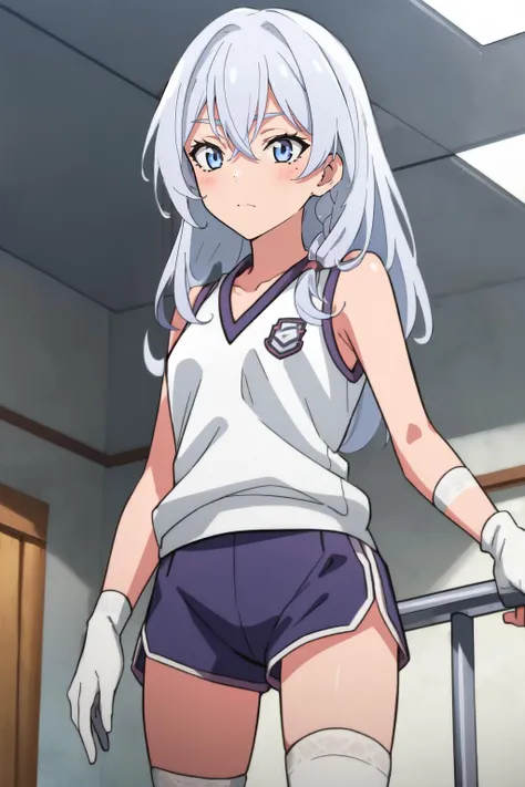 (masterpiece, best quality), intricate details,
(1girl), solo, <lora:60_Elaina:0.8> ChopioElaina, silver hair, long hair, hair between eyes, blue eyes, hair ornament, braid, single braid, looking at viewer,
<lora:misakishokuhou:0.8> bare shoulders, gloves, gym shirt, gym shorts, gym uniform, shirt, short shorts, shorts, sleeveless, sleeveless shirt, thighhighs, tokiwadai school gym uniform, white gloves, white shirt, white shorts, white thighhighs,,