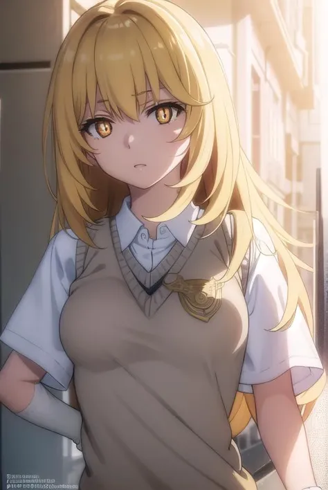 misakishokuhou, <lora:misaki shokuhou s3-lora-nochekaiser:1>,
misaki shokuhou, blonde hair, hair between eyes, long hair, (symbol-shaped pupils:1.5), + +, (yellow eyes:1.5), (medium breasts:1.2),
BREAK elbow gloves, gloves, school uniform, short sleeves, summer uniform, sweater vest, tokiwadai school uniform, white gloves, (light brown sweater vest:1.2),
BREAK outdoor, city, sky, sun, clouds,
BREAK looking at viewer, (cowboy shot:1.5),
BREAK <lyco:GoodHands-beta2:1>, (masterpiece:1.2), best quality, high resolution, unity 8k wallpaper, (illustration:0.8), (beautiful detailed eyes:1.6), extremely detailed face, perfect lighting, extremely detailed CG, (perfect hands, perfect anatomy),