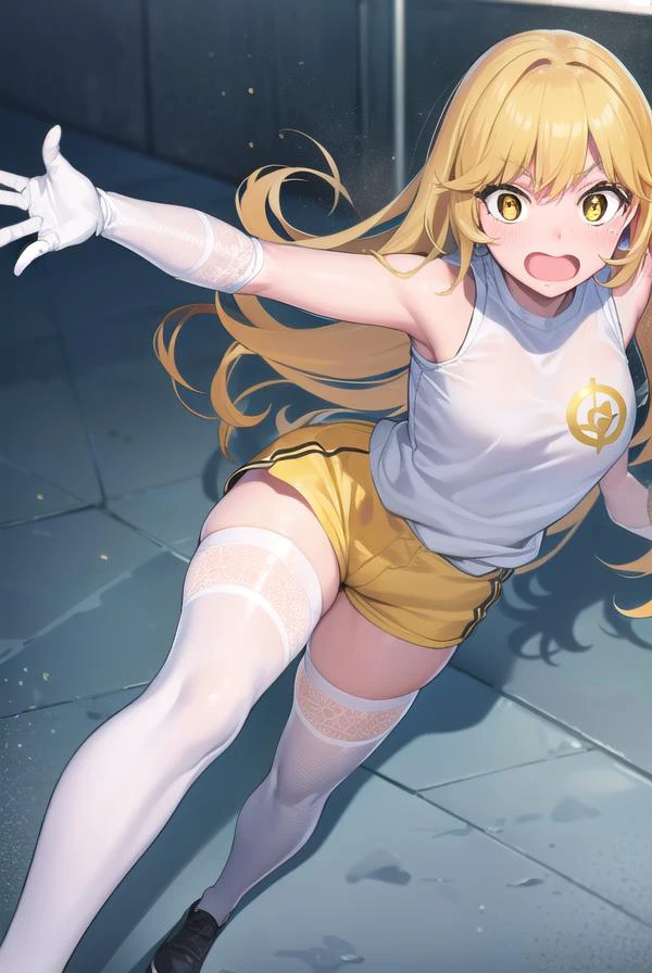 misakishokuhou, <lora:misakishokuhou-lora-nochekaiser:1>,
misaki shokuhou, blonde hair, hair between eyes, long hair, (symbol-shaped pupils:1.5), (yellow eyes:1.5), <lora:yudedako_v100:1>, embarrassed, <lora:surprised_v100:1>, <lora:wavymouth_type3_v100:1>, open mouth,
BREAK bare shoulders, gloves, gym shirt, gym shorts, gym uniform, shirt, short shorts, shorts, sleeveless, sleeveless shirt, thighhighs, tokiwadai school gym uniform, white gloves, white shirt, white shorts, white thighhighs,
BREAK looking at viewer, full body, upper body,
BREAK outdoors, city,
BREAK <lora:GoodHands-vanilla:1>, (masterpiece:1.2), best quality, high resolution, unity 8k wallpaper, (illustration:0.8), (beautiful detailed eyes:1.6), extremely detailed face, perfect lighting, extremely detailed CG, (perfect hands, perfect anatomy),