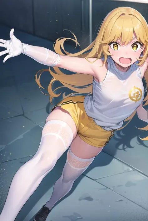 misakishokuhou, <lora:misakishokuhou-lora-nochekaiser:1>, 
misaki shokuhou, blonde hair, hair between eyes, long hair, (symbol-shaped pupils:1.5), (yellow eyes:1.5), <lora:yudedako_v100:1>, embarrassed, <lora:surprised_v100:1>, <lora:wavymouth_type3_v100:1>, open mouth,
BREAK bare shoulders, gloves, gym shirt, gym shorts, gym uniform, shirt, short shorts, shorts, sleeveless, sleeveless shirt, thighhighs, tokiwadai school gym uniform, white gloves, white shirt, white shorts, white thighhighs,
BREAK looking at viewer, full body, upper body,
BREAK outdoors, city,
BREAK <lora:GoodHands-vanilla:1>, (masterpiece:1.2), best quality, high resolution, unity 8k wallpaper, (illustration:0.8), (beautiful detailed eyes:1.6), extremely detailed face, perfect lighting, extremely detailed CG, (perfect hands, perfect anatomy),