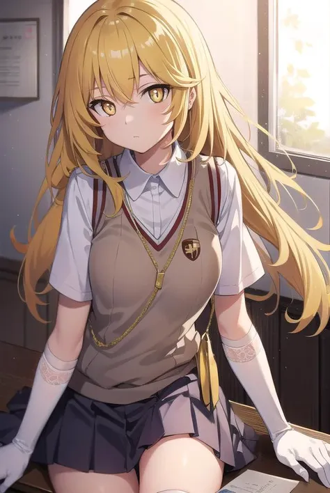 misakishokuhou, <lora:misakishokuhou:1>, misaki shokuhou, blonde hair, hair between eyes, long hair, symbol-shaped pupils, (yellow eyes:1.5)
BREAK elbow gloves, gloves, school uniform, short sleeves, summer uniform, sweater vest, tokiwadai school uniform, white gloves,,
BREAK indoors, classroom,
BREAK looking at viewer, 
BREAK <lora:GoodHands-vanilla:1>, (masterpiece:1.2), best quality, high resolution, unity 8k wallpaper, (illustration:0.8), (beautiful detailed eyes:1.6), extremely detailed face, perfect lighting, extremely detailed CG, (perfect hands, perfect anatomy),