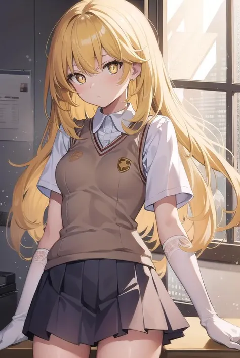 misakishokuhou, <lora:misakishokuhou:1>, misaki shokuhou, blonde hair, hair between eyes, long hair, symbol-shaped pupils, (yellow eyes:1.5)
BREAK elbow gloves, gloves, school uniform, short sleeves, summer uniform, sweater vest, tokiwadai school uniform, white gloves,,
BREAK indoors, classroom,
BREAK looking at viewer, 
BREAK <lora:GoodHands-vanilla:1>, (masterpiece:1.2), best quality, high resolution, unity 8k wallpaper, (illustration:0.8), (beautiful detailed eyes:1.6), extremely detailed face, perfect lighting, extremely detailed CG, (perfect hands, perfect anatomy),