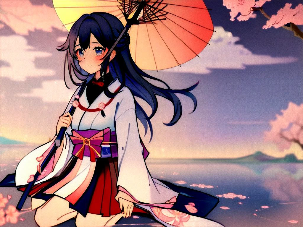 best quality, masterpiece,ultra_HD,original,(illustration:1.1),[(fujisan:1.3)::20],(lake:1.2),(1 cute_girl_sit_on_the_lake_holding_an_oilpaper|wagasa),beautiful detailed girl, extremely detailed eyes and face, beautiful detailed eyes,(sakura_floating),[(sakura|cherry tree:1.4):16],shrine,[detailed light, cinematic lighting, lens flare, light leaks, sunlight , shine , beautiful detailed glow],colorful,drop shadow,ray tracing,(birds),(canvas (medium)),caustics,reflection light,(gradient hair_white_with_pink),detailed face,(oilpaper umbrella|wagasa:1.1), miko_clothes, dynamic angle, floating, frills, painting,