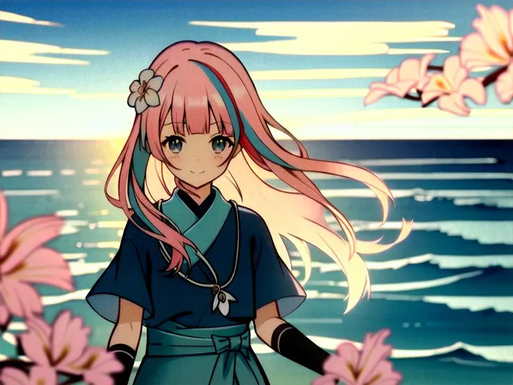 masterpiece, best quality,extremely detailed CG unity 8k wallpaper,Depth of field,cinematic lighting,backlighting, cel shading,anime screencap, 
long hair,beautiful detailed eyes,1girl,finely detail,(upper body:1.2),pink hair,(blue streaked hair:1.25),
blue sky with cloud,sea,(flower near sea:1.5),
art by princess connect!, original,
 seductive smile, random pose,solo,looking at viewer,ribbon, standing on beach,near water,blush,blunt bangs, blue water