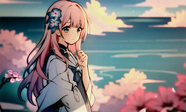 masterpiece, best quality, best quality,backlighting,Amazing,beautiful detailed eyes,1girl,finely detail,Depth of field,extremely detailed CG unity 8k wallpaper,masterpiece,(vtuber minato aqua),upper body,(looking to the side:1.2),long hair,pink hair,blue streaked hair,blush,blurry background,(flower sea background:1.4),(cross fingers)