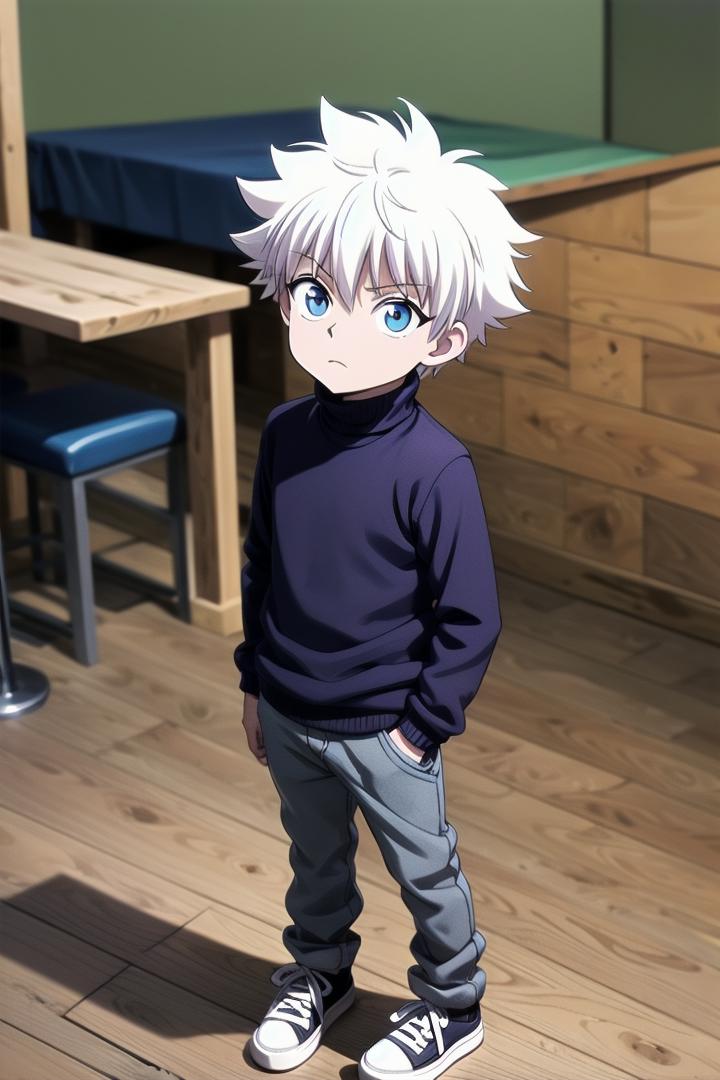 Anime boy with white hair and blue eyes standing in a room - SeaArt AI