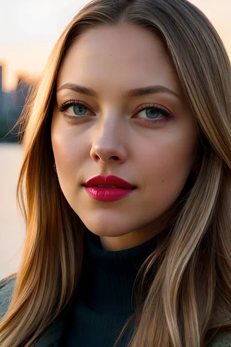 beautiful woman (amanseyf:.9), perfect waist, closeup portrait, realistic, (detailed:1.15),(film grain, skin details, 4k:1), frightened, Dappled Light, analog style (look at the viewer), (skin texture), (film grain), (hyper-realistic texture skin:1.3), cinematic light, sidelighting, ultra high res, best shadow, RAW, beautiful hair, designer jacket, fashionable skirt, turtleneck shirt, winter city park, professional model photoshoot, hdr, sunset, (red lips)